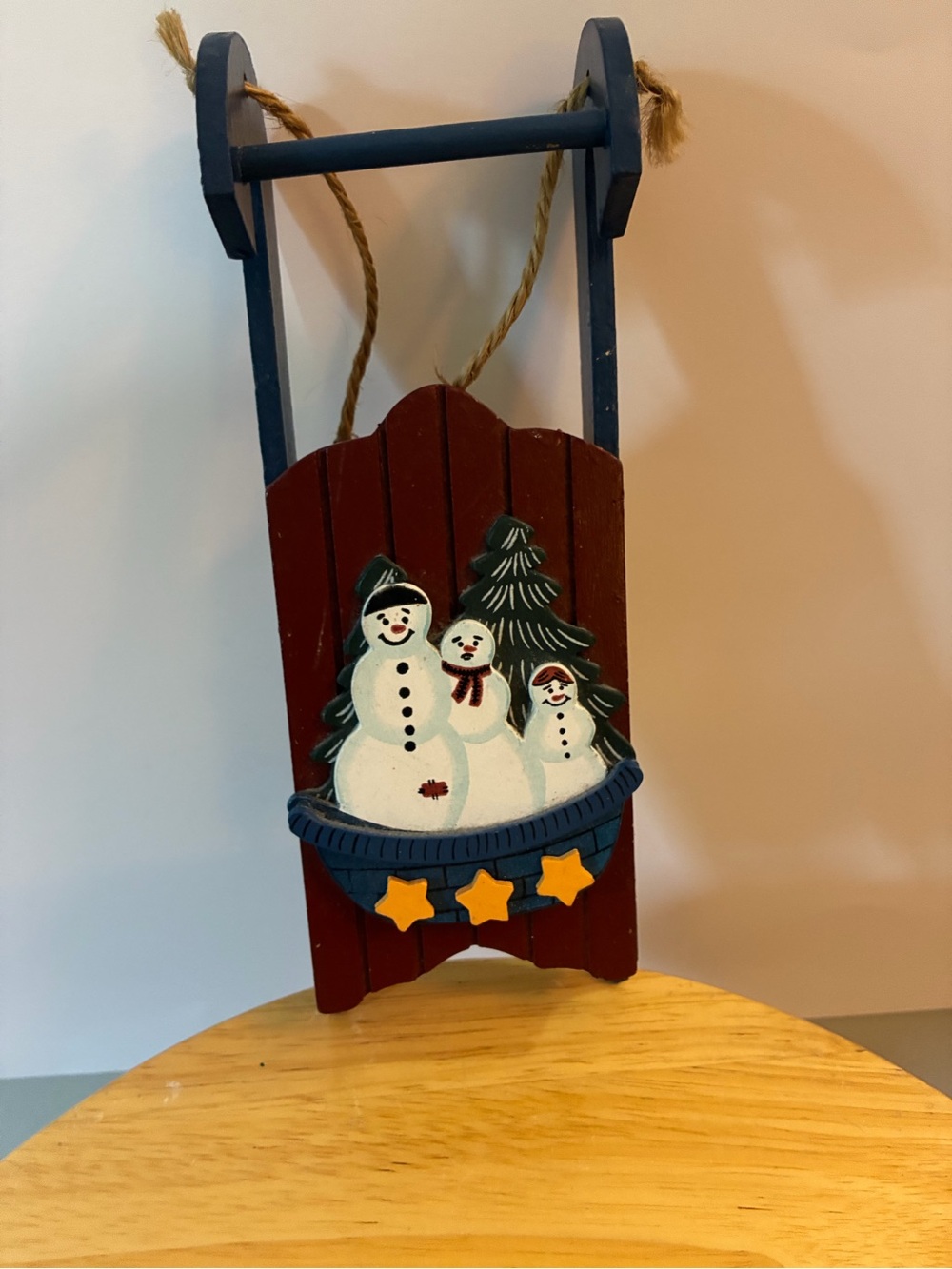 Source Unknown Red & Blue Wooden Sled Snowman Hanging